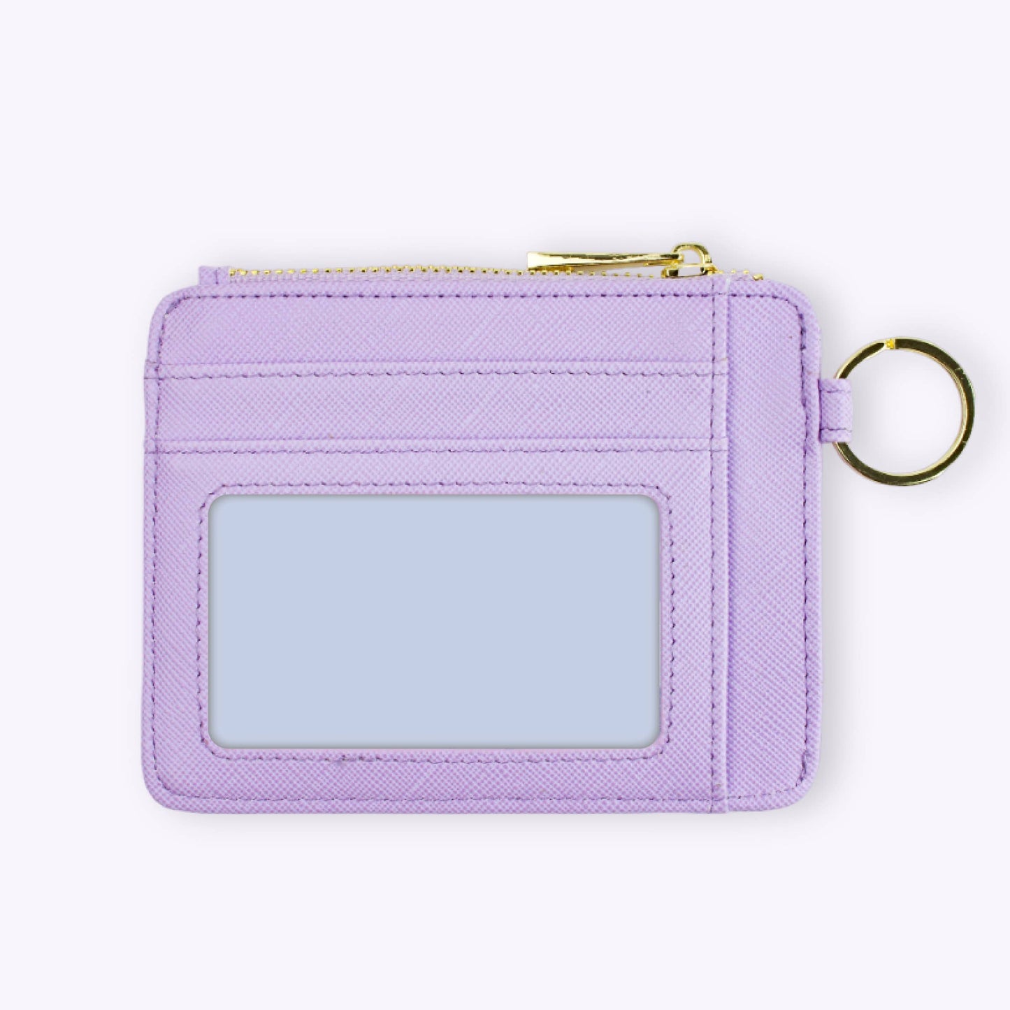 lilac-colored wallet keychain with a sturdy key ring and a zippered pouch, featuring gold hardware.