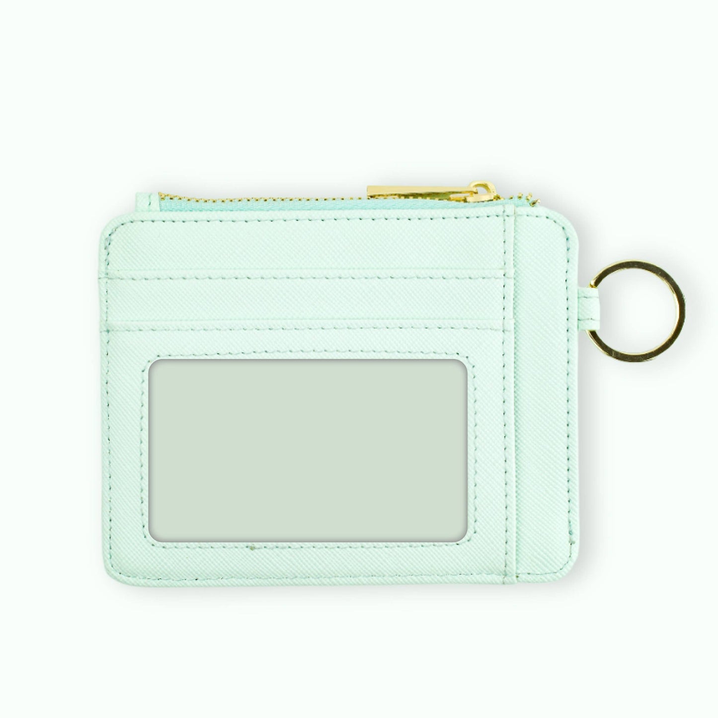 a mint green wallet keychain with a zippered pouch and a key ring, displayed in a variety of colors.