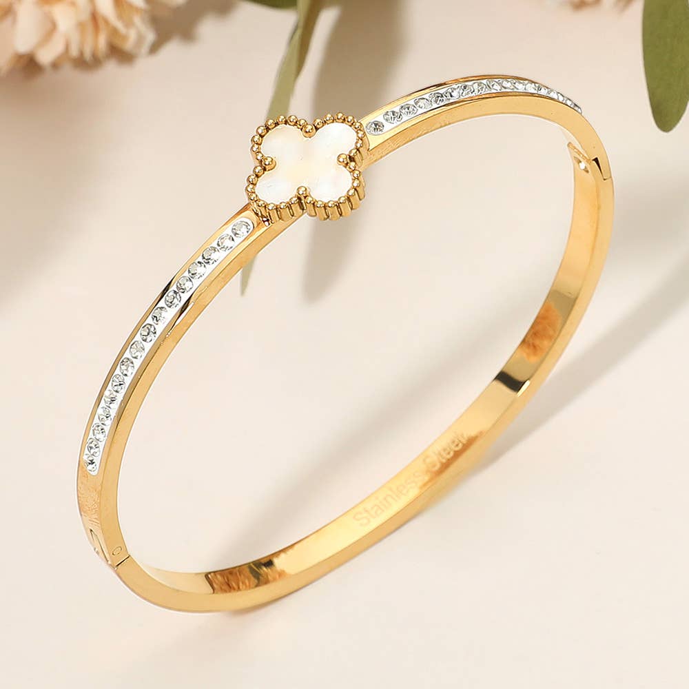 Stainless Steel Rhinestone Paved Quatrefoil Center Hinged Bangle Bracelet