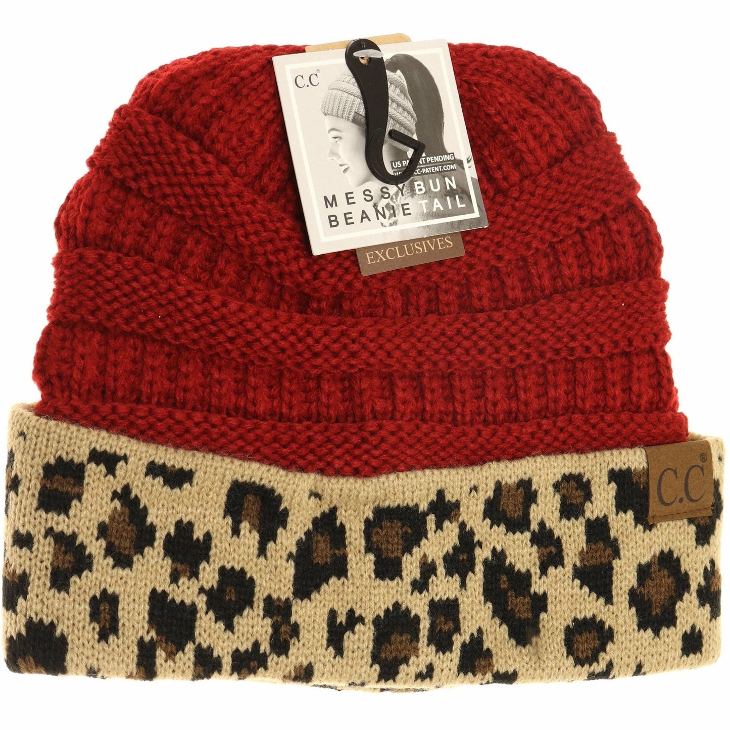 Red beanie with leopard print cuff and C.C tag on a white background