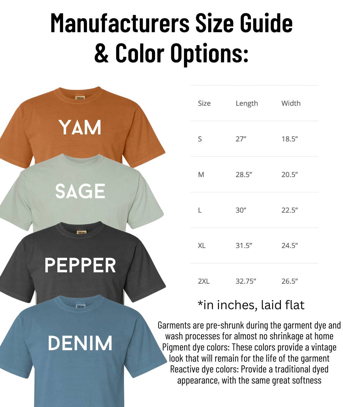 Size guide and color options for an embroidered t-shirt, with color names and size measurements displayed.