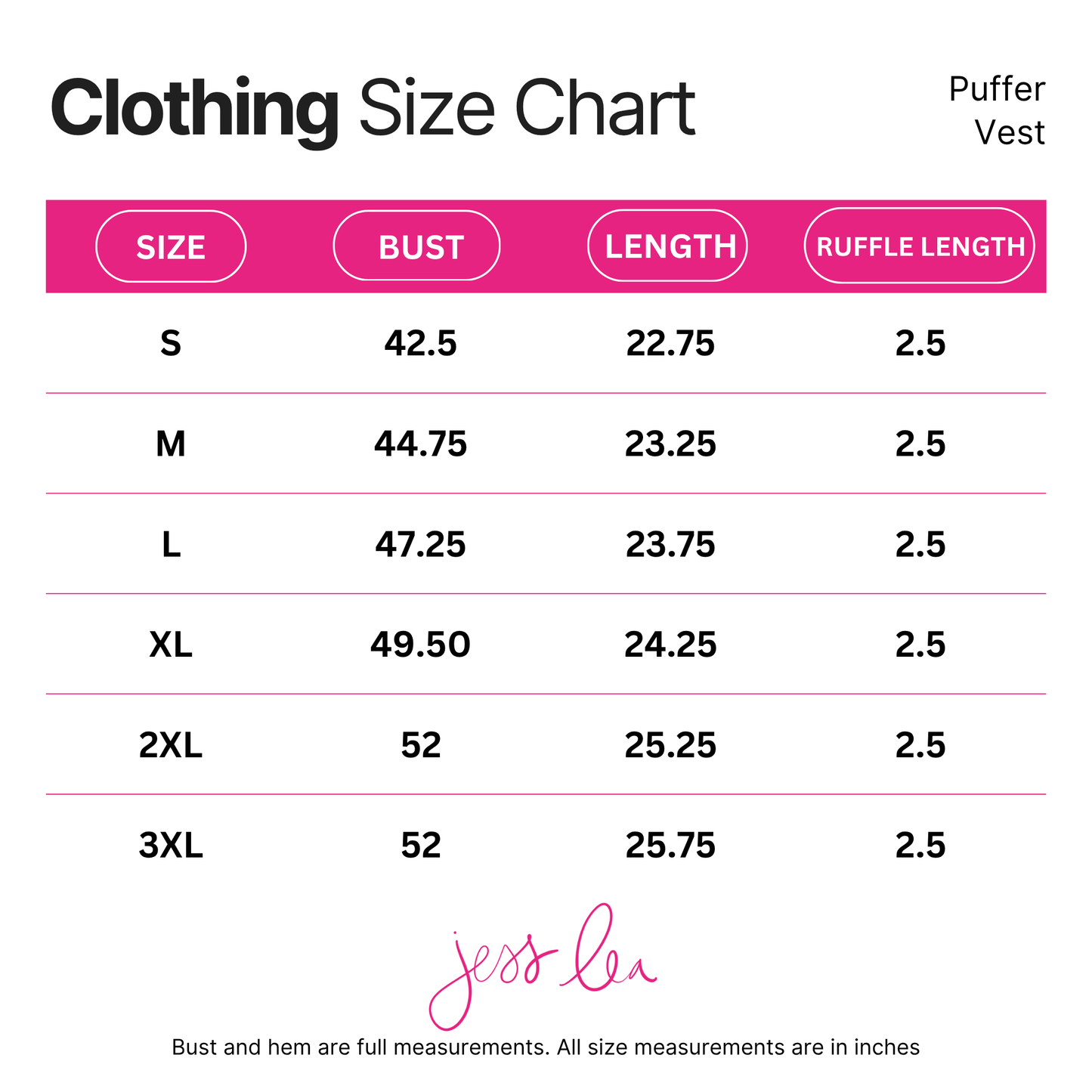 Clothing size chart for a puffer vest with measurements in inches.