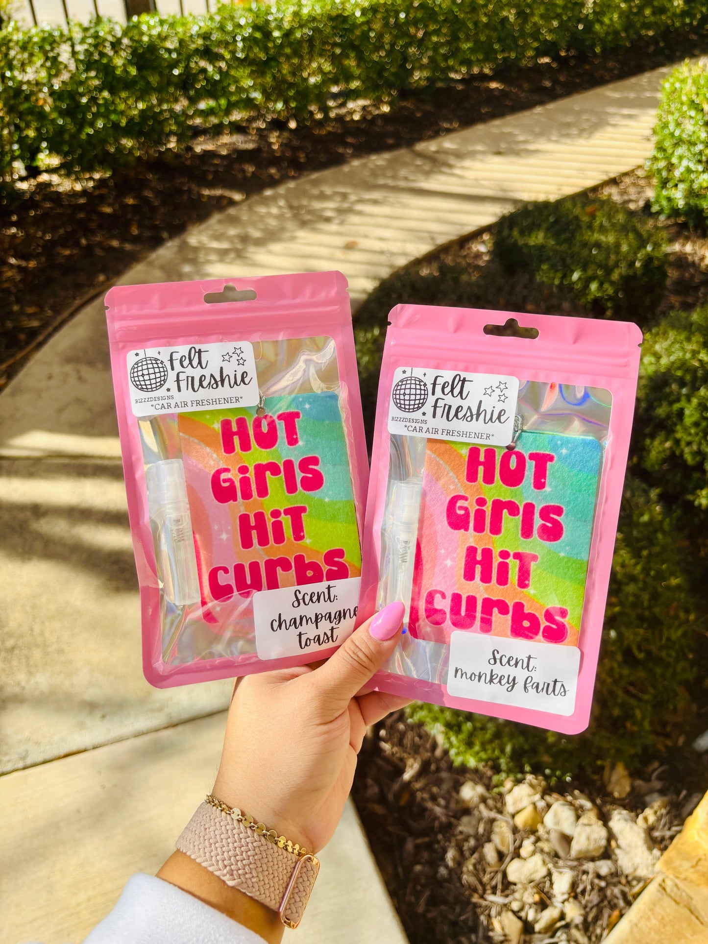 Packaging of 'Hot Girls Hit Curbs' car fresheners with text and colorful graphics, held against a nature scape background