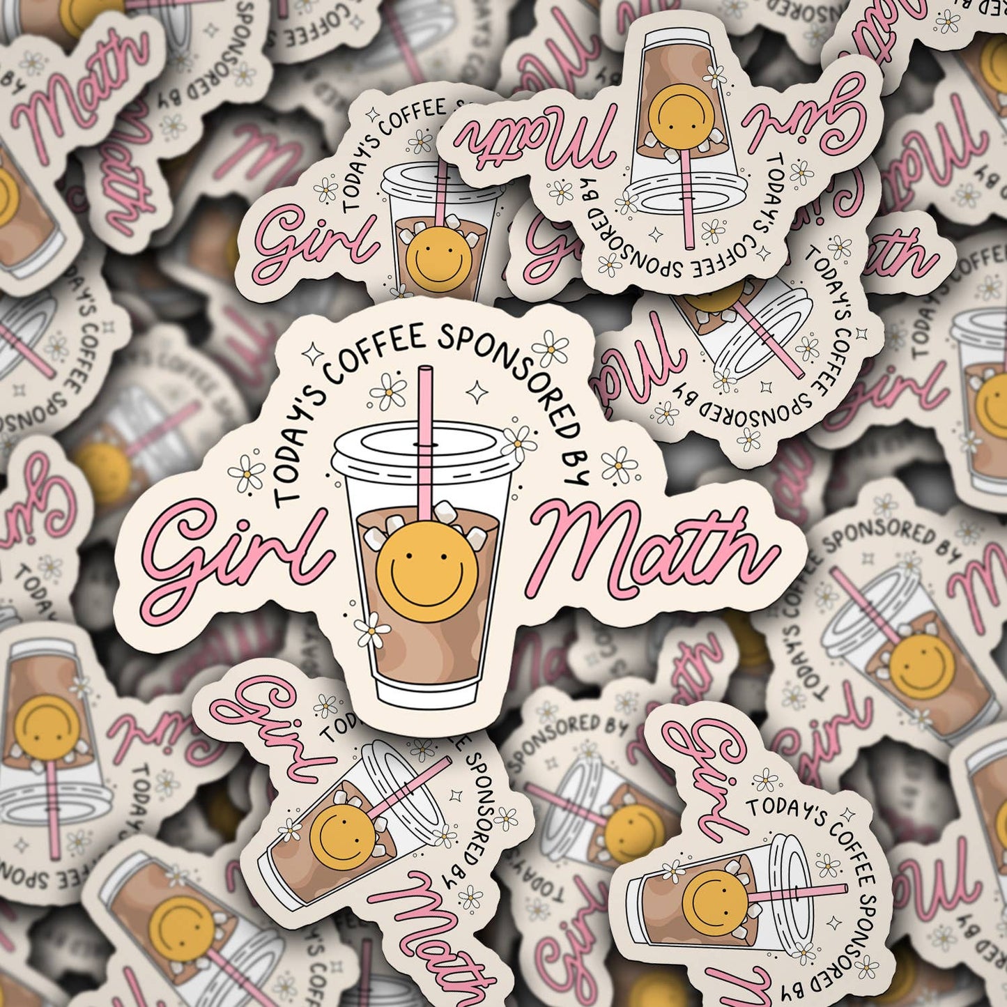 A collection of vinyl decals featuring the phrase 'Girl Math' and a graphic of a coffee cup with the text 'Today's Coffee Sponsored by Girl Math'.
