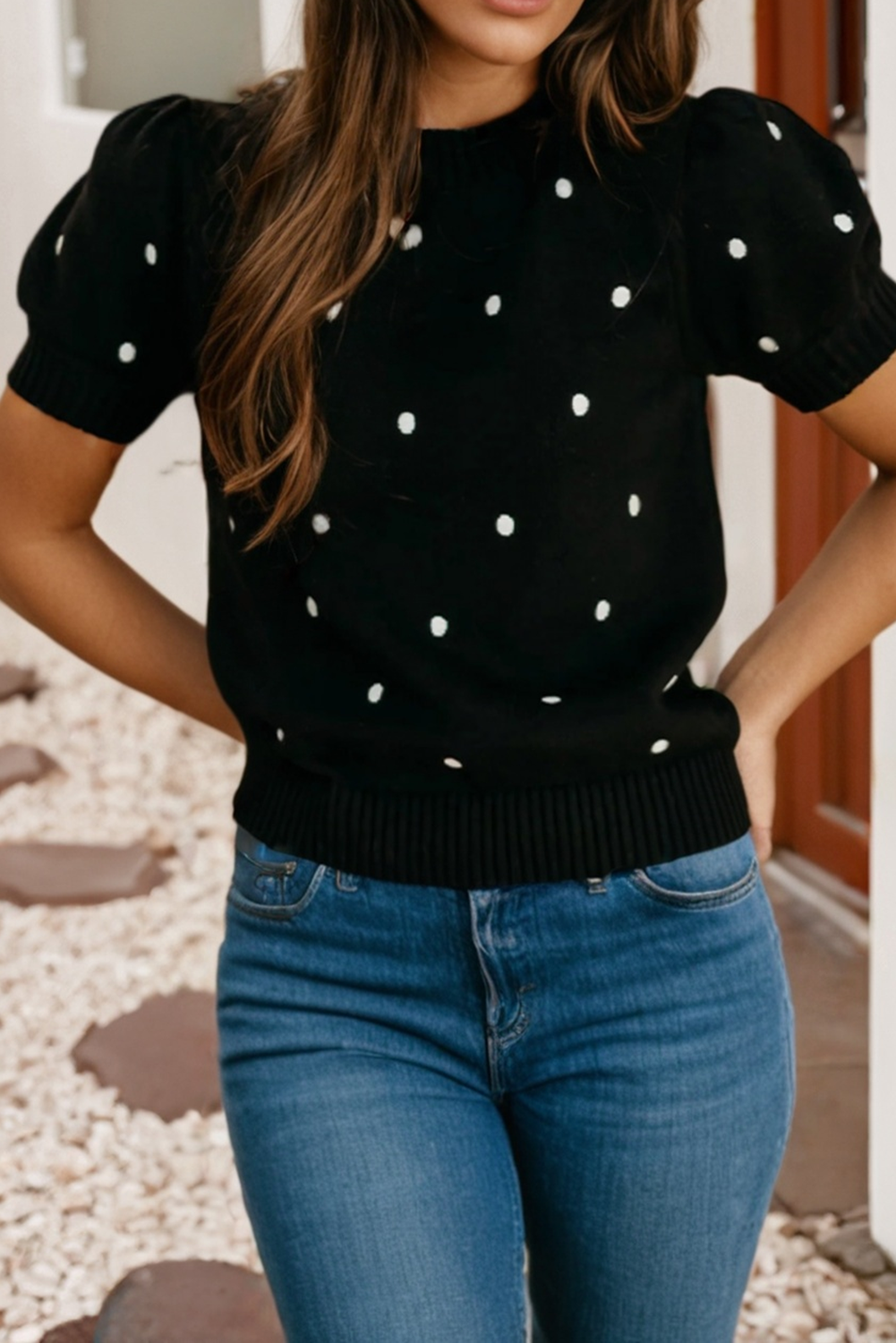 Elegant Polka Dot Bubble Short Sleeve Sweater