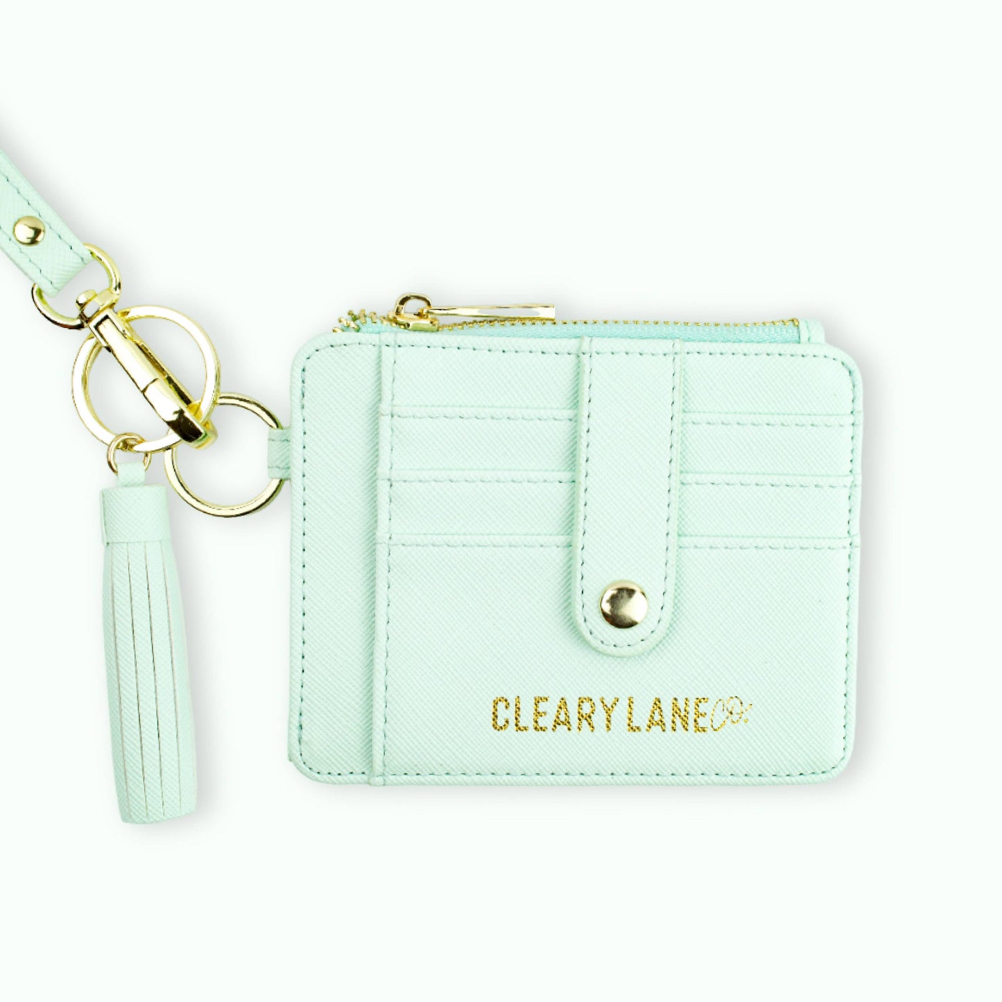 a mint green wallet keychain with a zippered pouch and a key ring, displayed in a variety of colors.