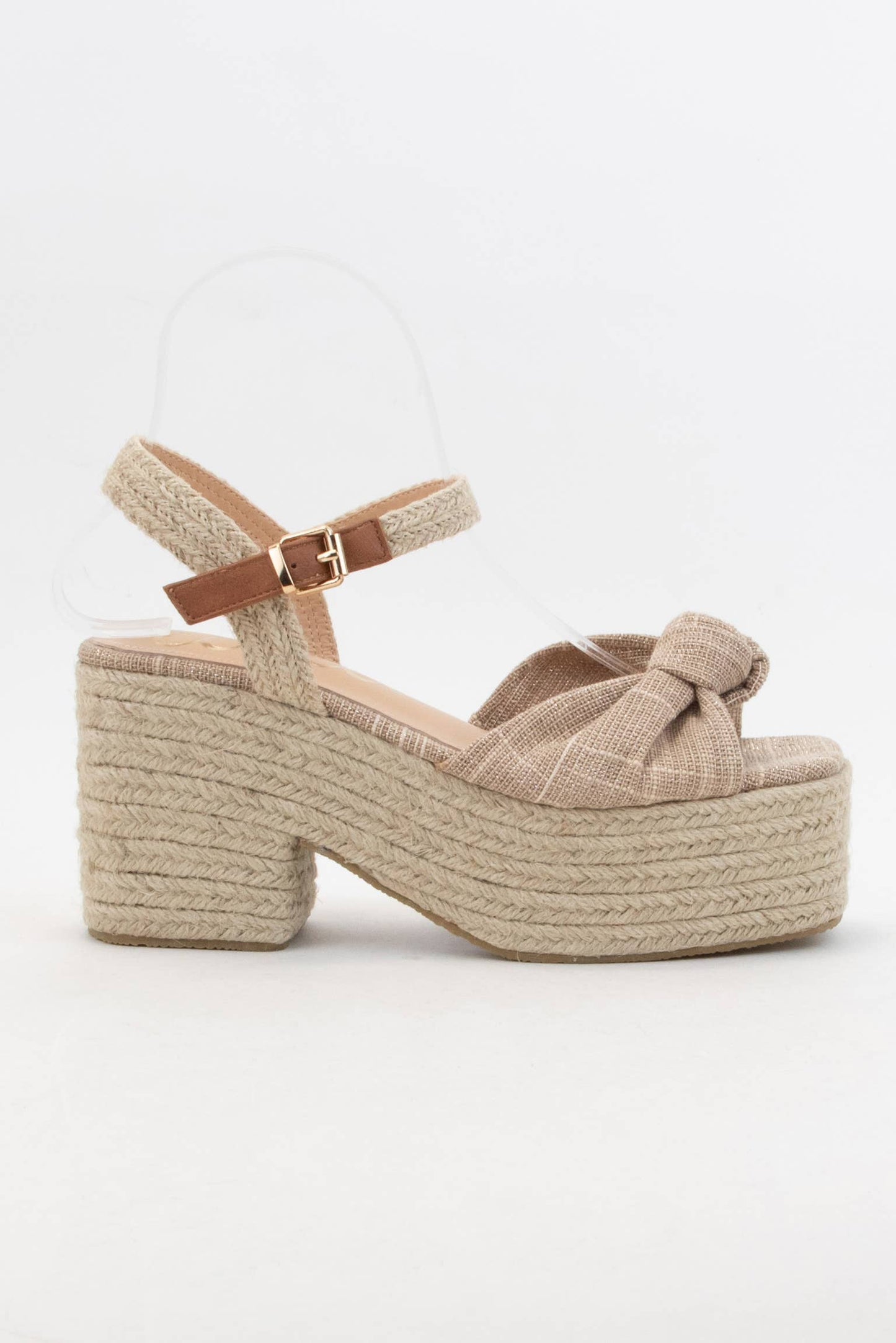 beige knotted espadrille platform sandal with a braided raffia ankle strap and gold hardware.
