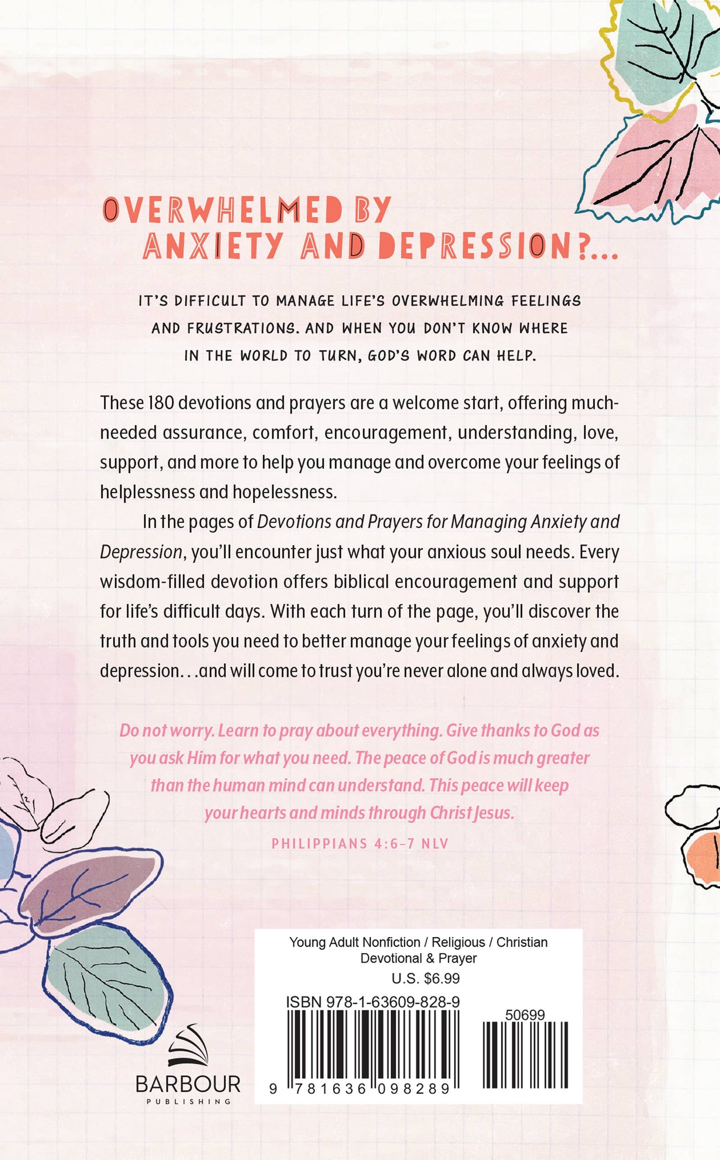 Back cover of a book titled 'Deviations and Prayers for Managing Anxiety and Depression' with text and decorative elements.