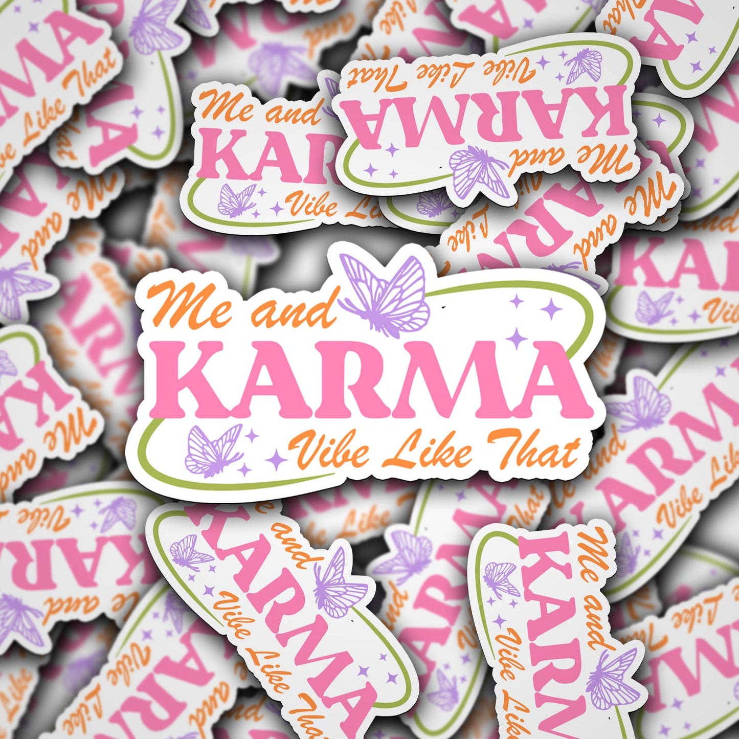 A collection of vinyl decals with the phrases 'Me and KARMA Vibe Like That' printed in pink and purple colors.