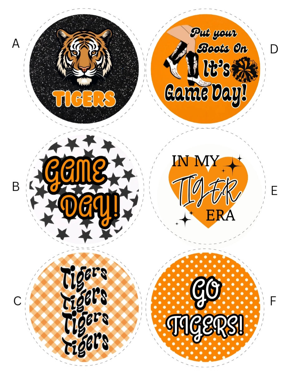 Cape Central tigers game day buttons in various designs A-F in orange and Black