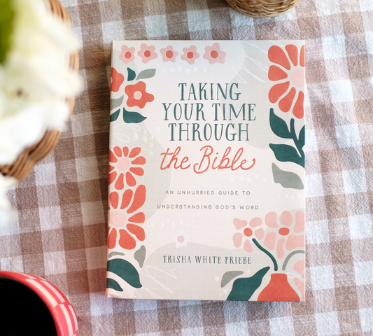 Book titled 'Taking Your Time Through the Bible' on a checkered tablecloth