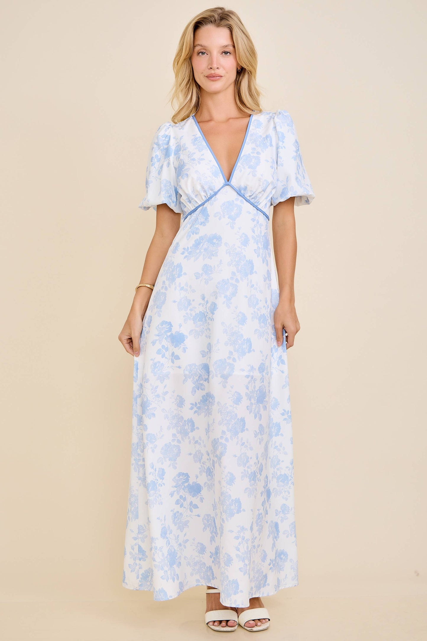 Toile Bubble Sleeve Maxi Dress