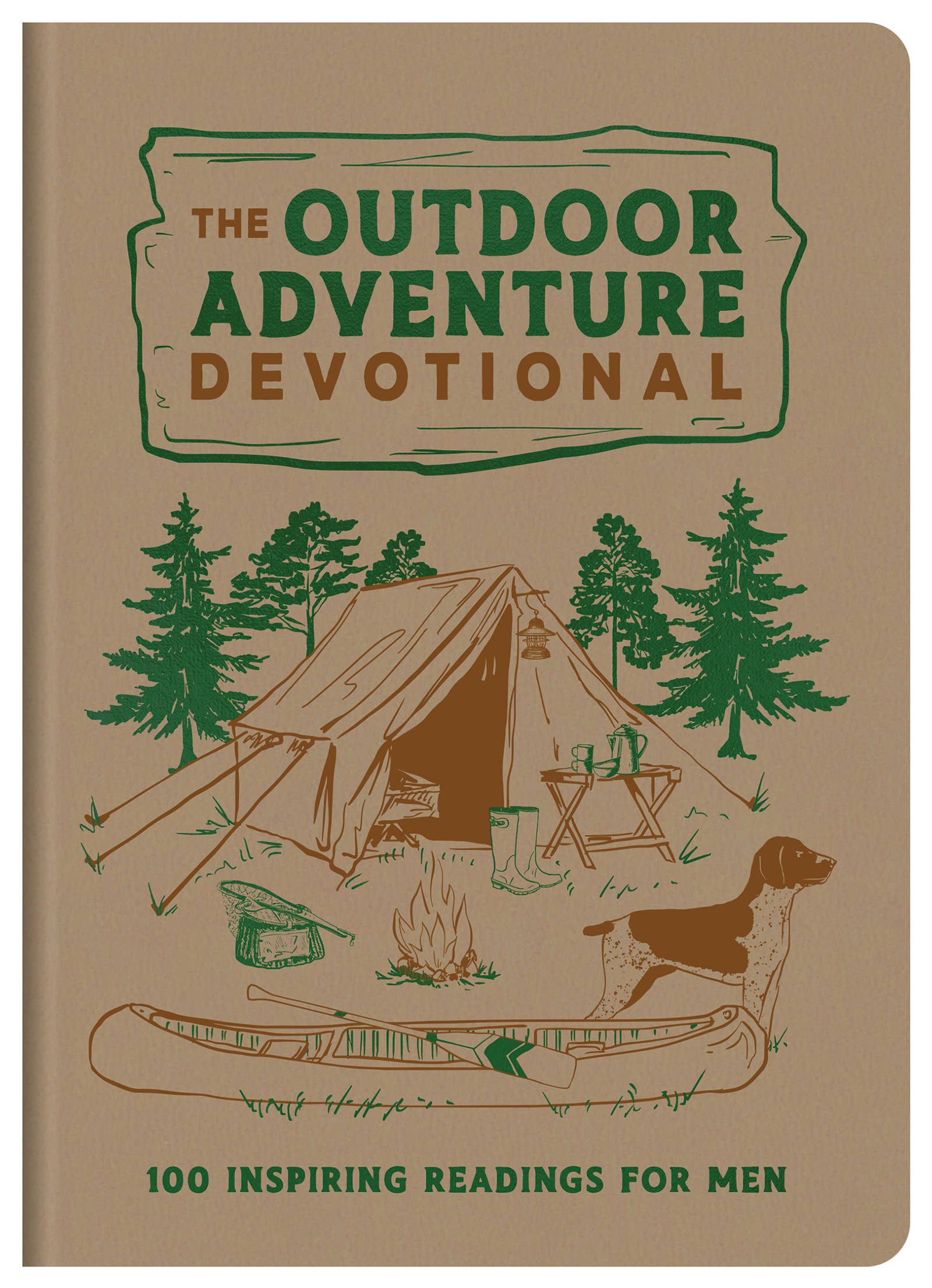 Book titled 'The Outdoor Adventure Devotional' with camping illustrations on a beige background