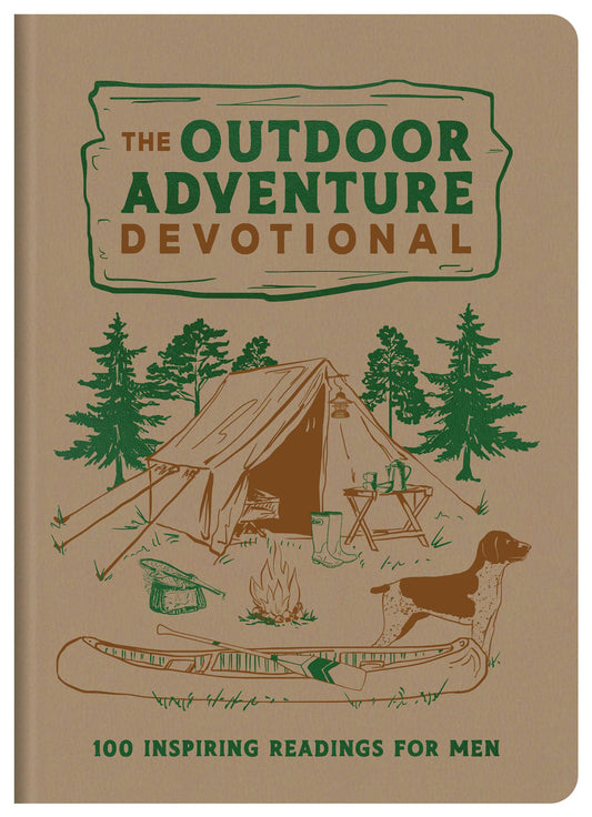 Book titled 'The Outdoor Adventure Devotional' with camping illustrations on a beige background