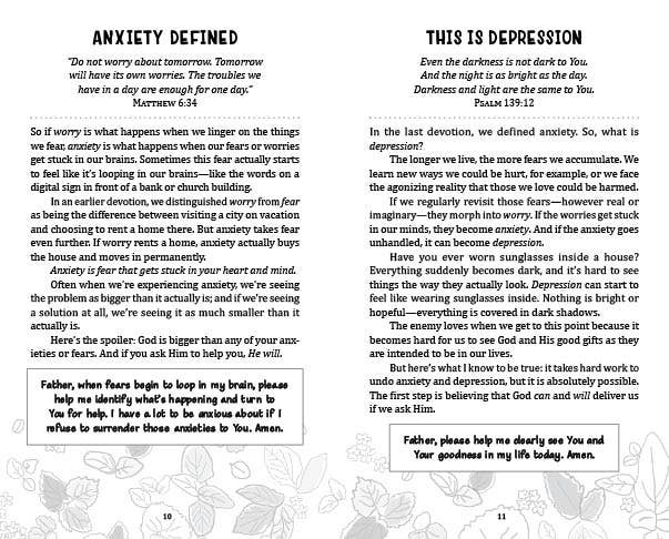 Book page with text on anxiety and depression, featuring a floral pattern at the bottom.