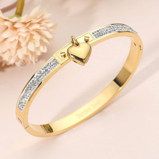 Stainless Steel Heart Charm Accent CZ Stone Paved Hinged Bangle Bracelet