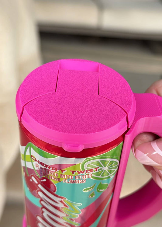 Close-up of a magenta-colored skinny can holder lid with a design that includes the text 'Hotline' and 'Chill', and a depiction of a can.