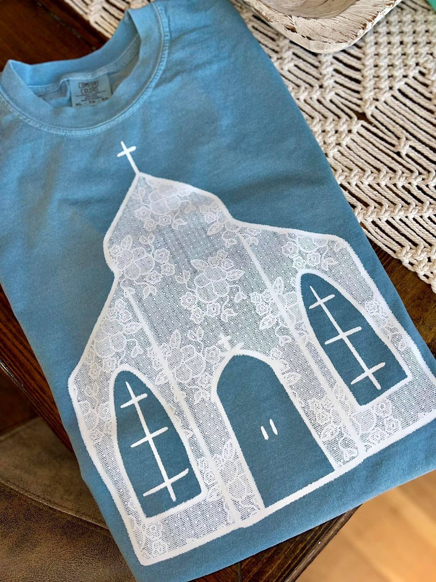 Printed Lace Church Short Sleeve Tee *Lace is not real*