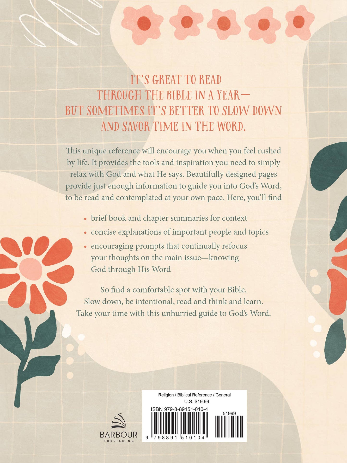 Back cover of a book with floral designs and text about reading the Bible, featuring Barbour Publishing.