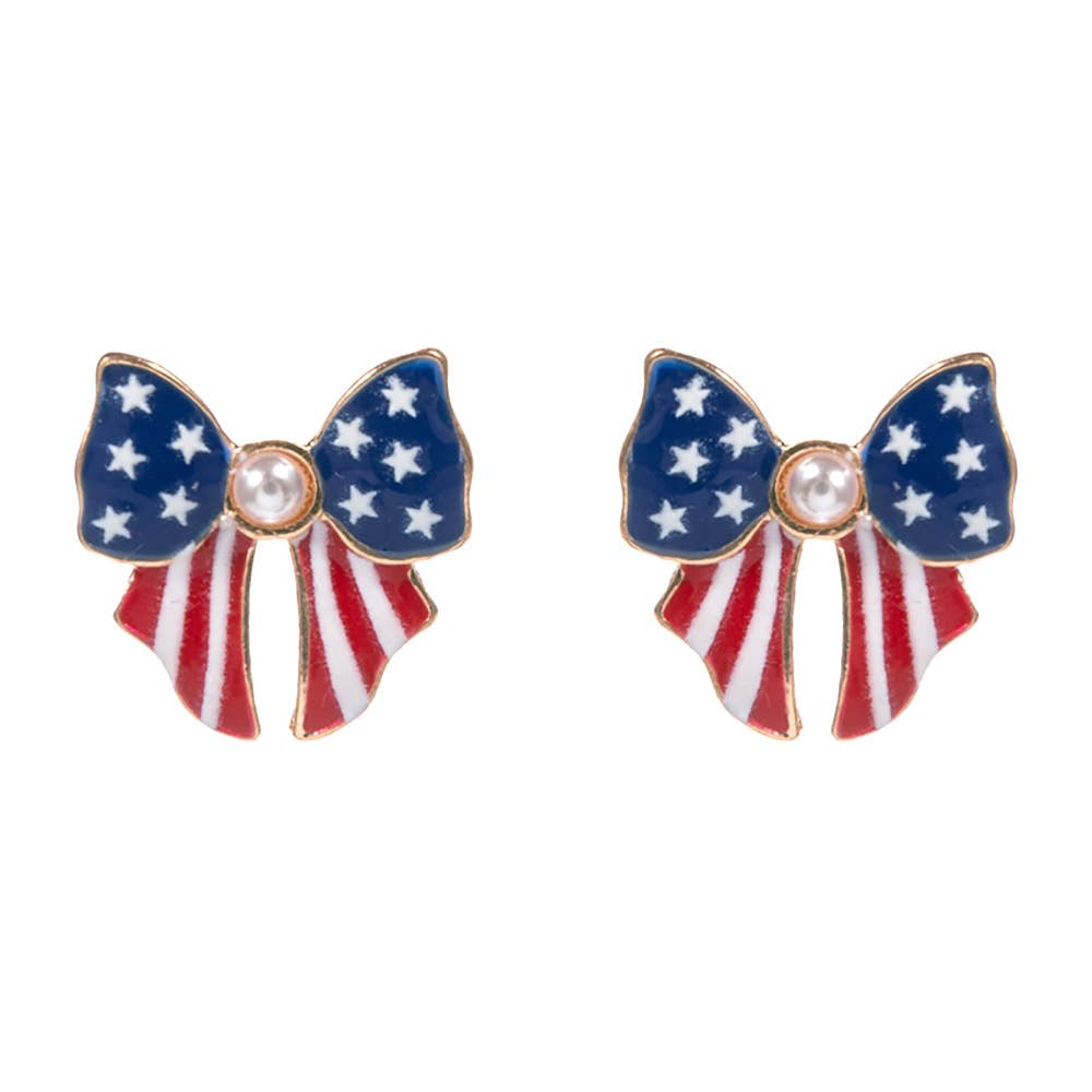 Pearl Pointed Enamel American USA Flag Bow Stud Earrings