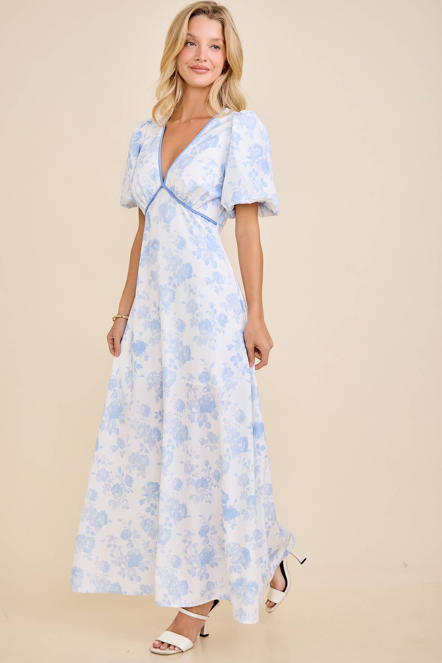 Toile Bubble Sleeve Maxi Dress