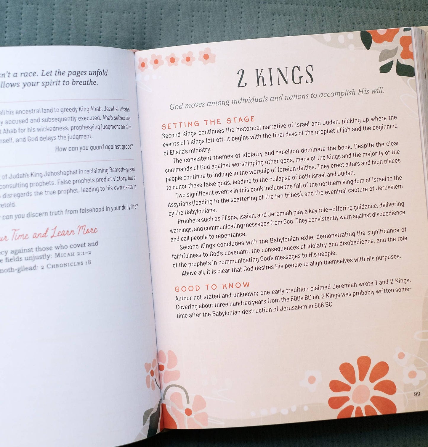 Open book with a chapter titled '2 Kings' on a blue surface.