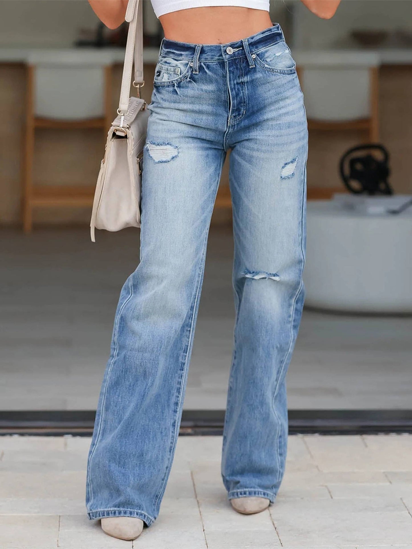 High Waisted Straight Leg Ripped Jeans