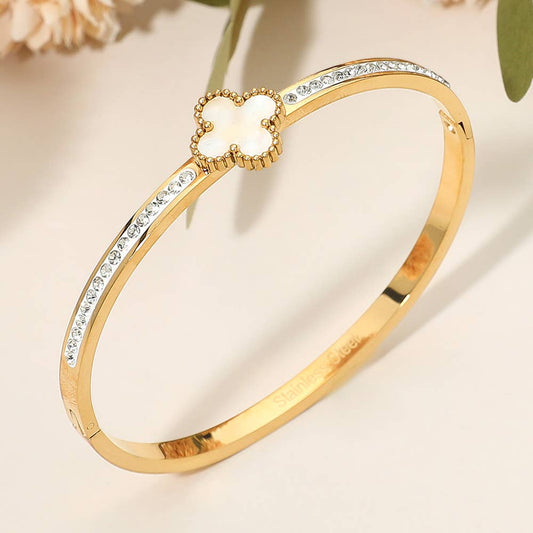 Stainless Steel Rhinestone Paved Quatrefoil Center Hinged Bangle Bracelet