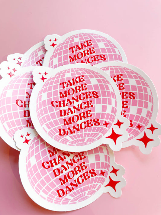 A collection of round pink stickers with text and star patterns on a pink background.
