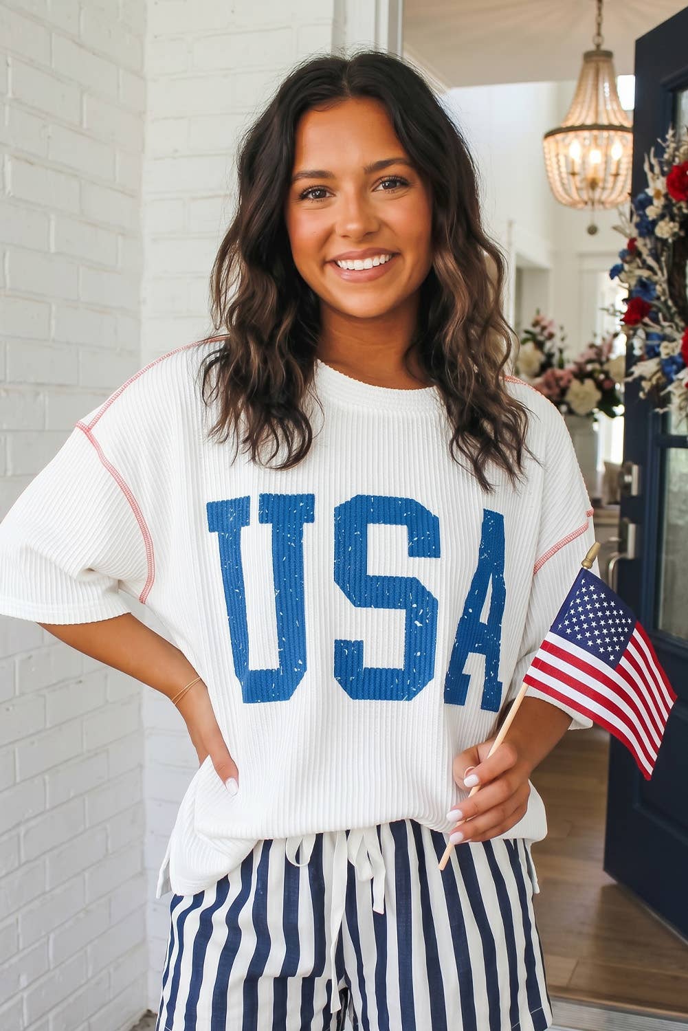 LAS USA Graphic Half Sleeve Loose Ribbed Top