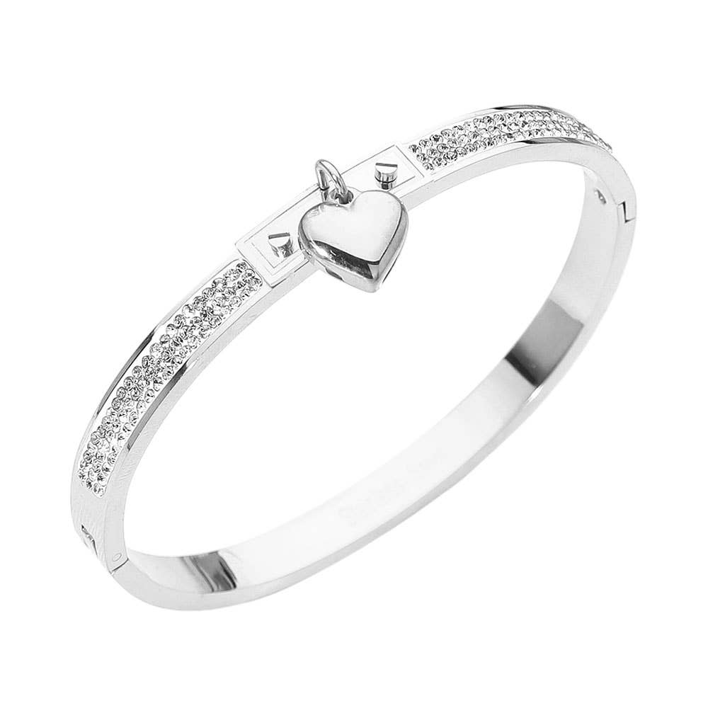 Stainless Steel Heart Charm Accent CZ Stone Paved Hinged Bangle Bracelet