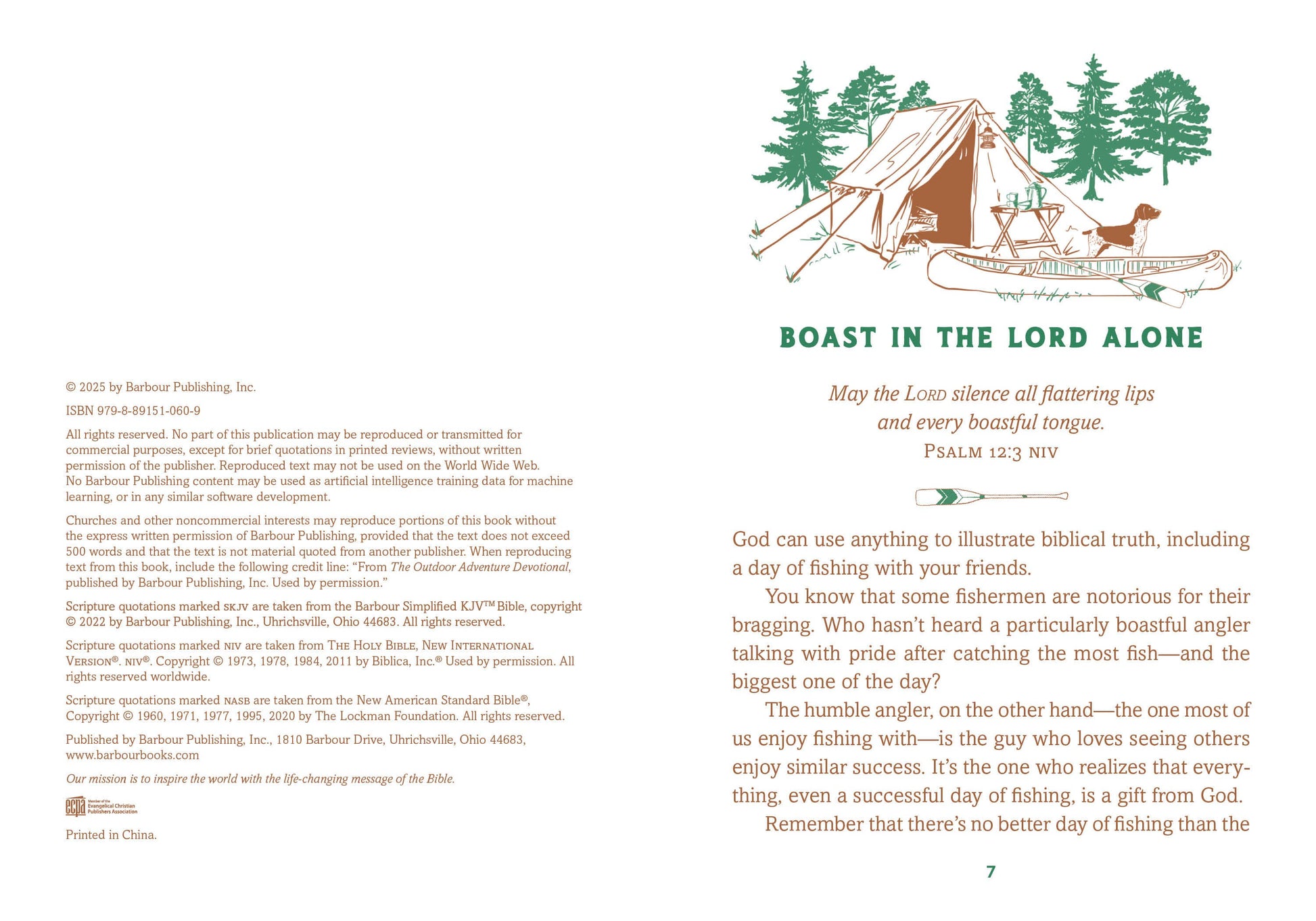 Page from a book with a camping illustration and text on a white background