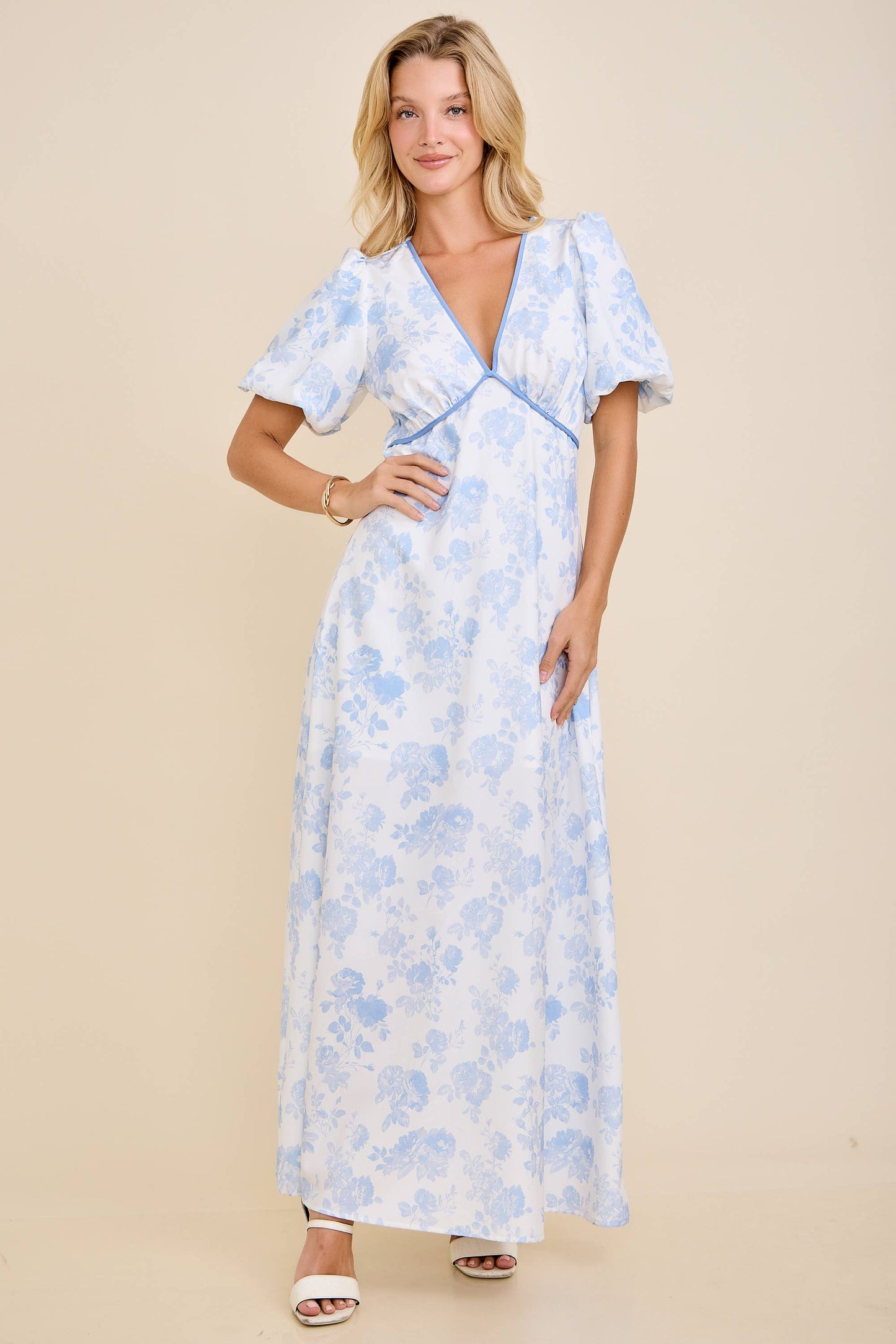 Toile Bubble Sleeve Maxi Dress