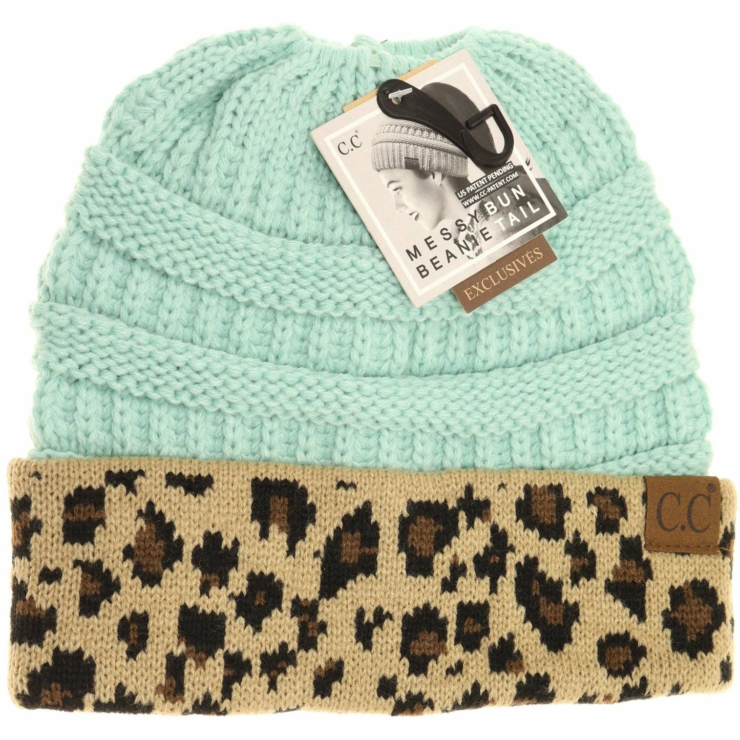 Light blue beanie with leopard print band and C.C tag on a white background