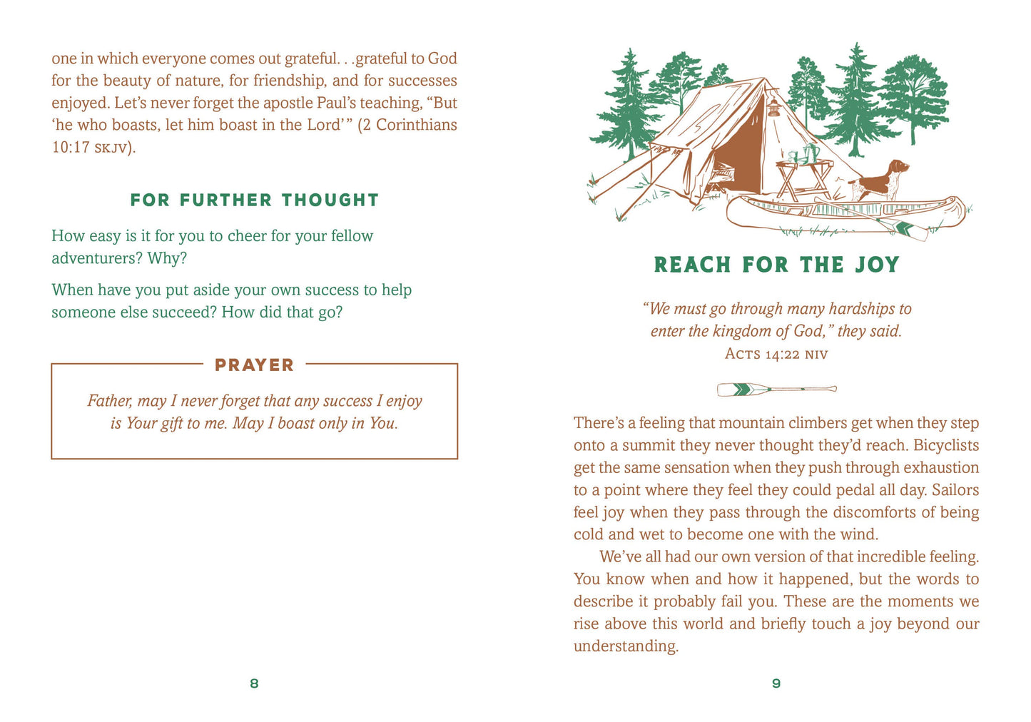 Page from a book with a camping scene, text, and prayer section.
