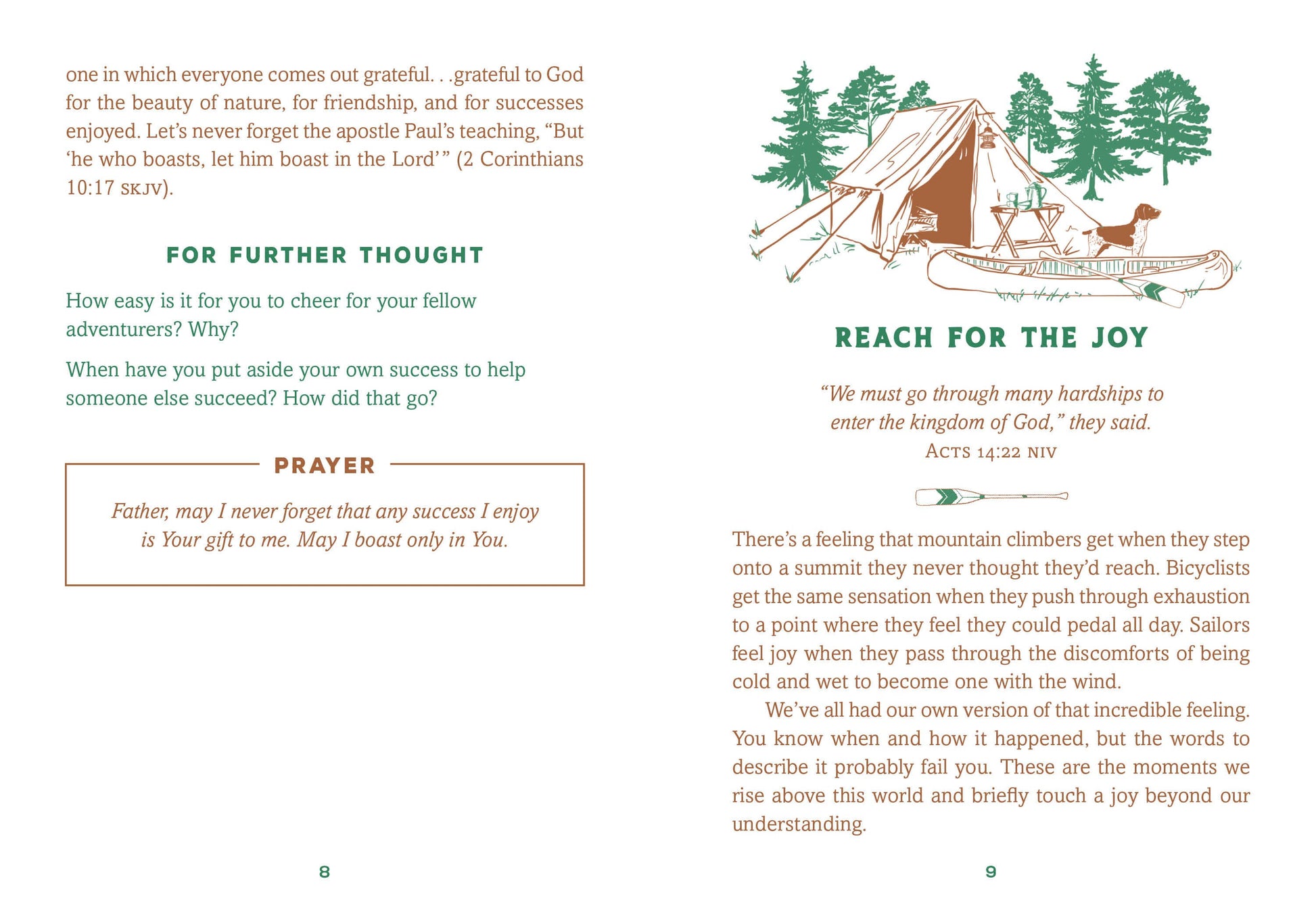 Page from a book with a camping scene, text, and prayer section.