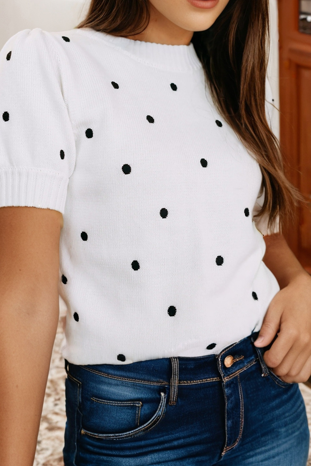 Elegant Polka Dot Bubble Short Sleeve Sweater