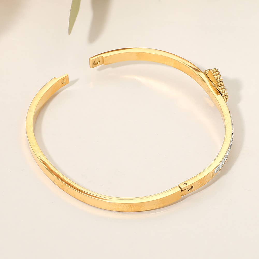 Stainless Steel Rhinestone Paved Quatrefoil Center Hinged Bangle Bracelet
