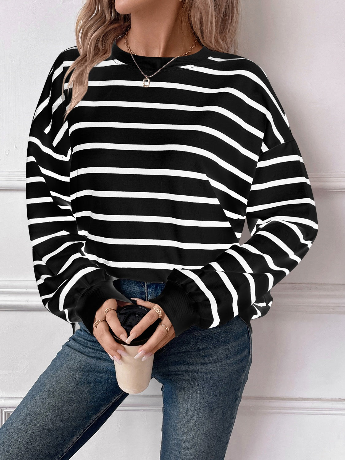 Lovelet Striped Round Neck Long Sleeve Sweatshirt