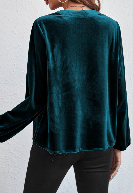 Notched Long Sleeve Velvet Top