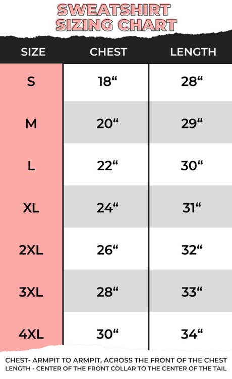 Sweatshirt sizing chart with chest and length measurements for various sizes.