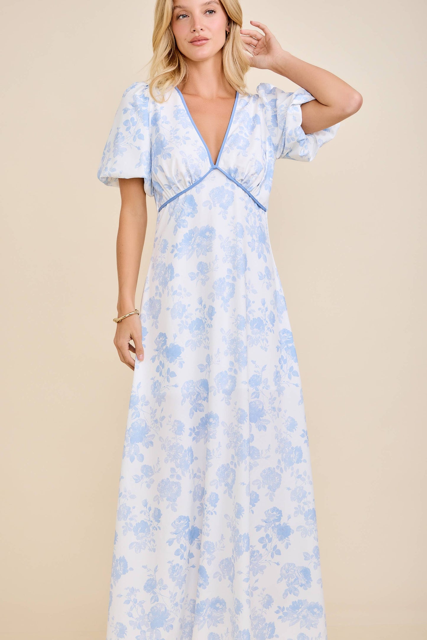 Toile Bubble Sleeve Maxi Dress