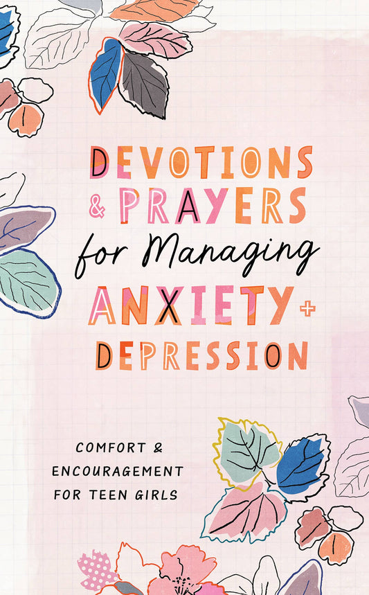 Book cover with floral design and text about devotions, prayers for managing anxiety and depression.