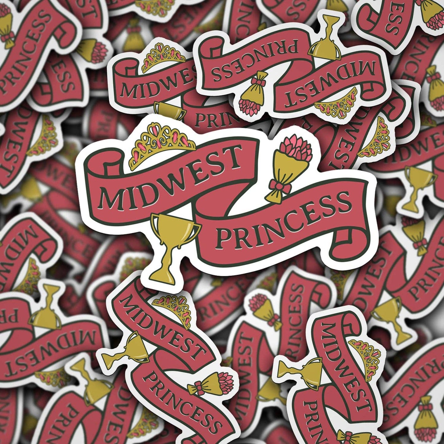A collection of vinyl decals featuring the phrase 'Midwest Princess' printed in various colors on a white background.
