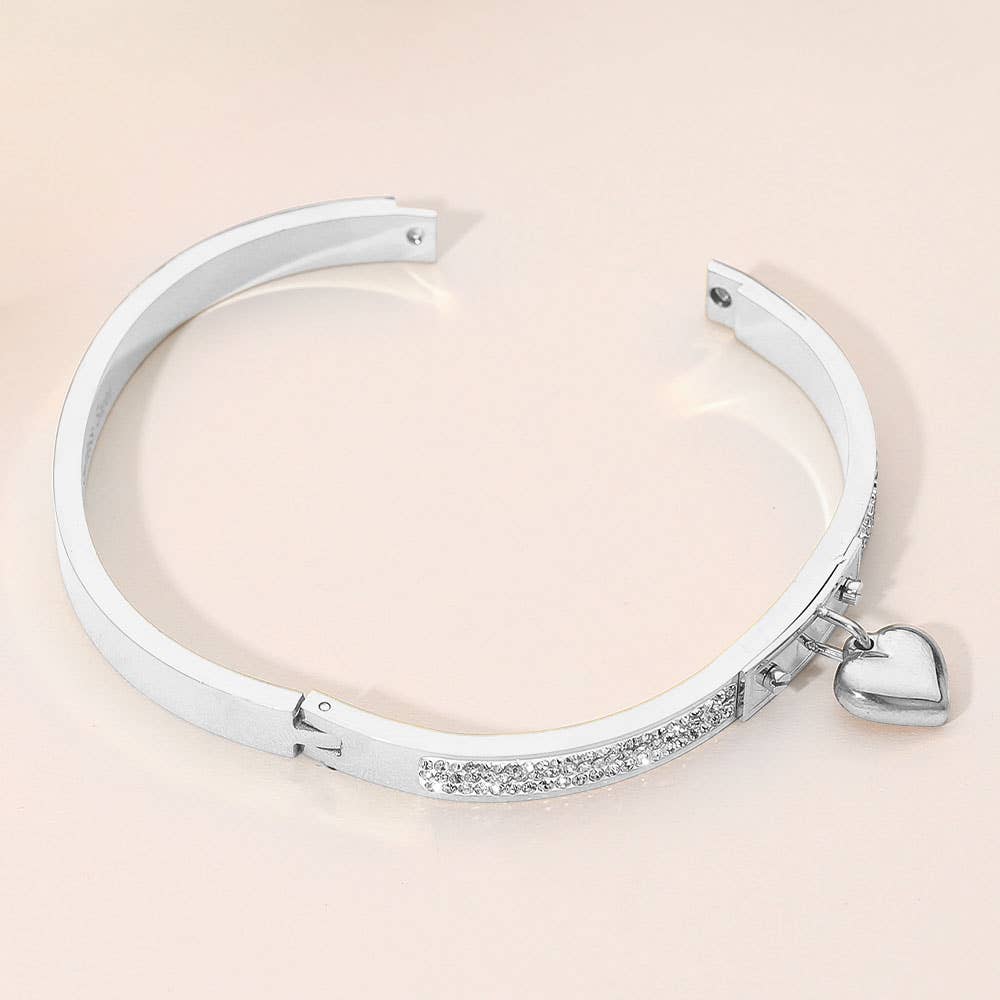Stainless Steel Heart Charm Accent CZ Stone Paved Hinged Bangle Bracelet