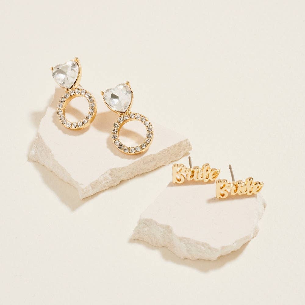 Bride Heart Rhinestone Ring 2PC Set Post Earrings