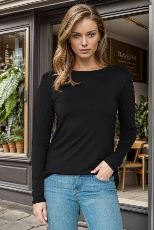 NEW ROUNDED BOTTOM SOLID BASIC LONG SLEEVE TOP