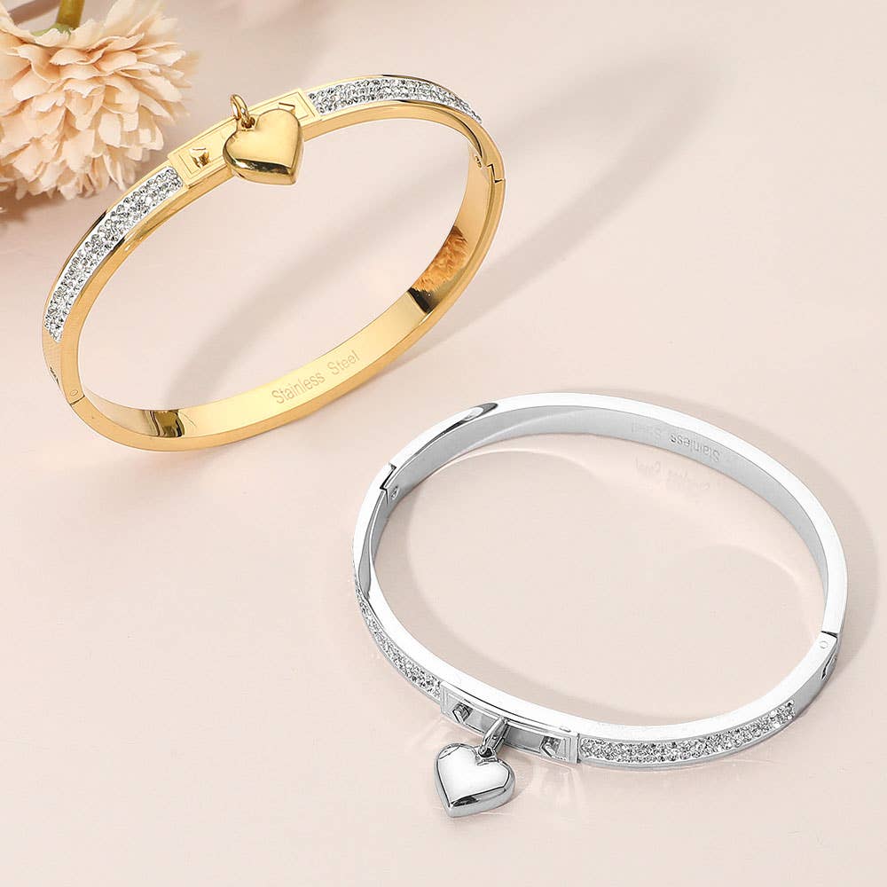 Stainless Steel Heart Charm Accent CZ Stone Paved Hinged Bangle Bracelet