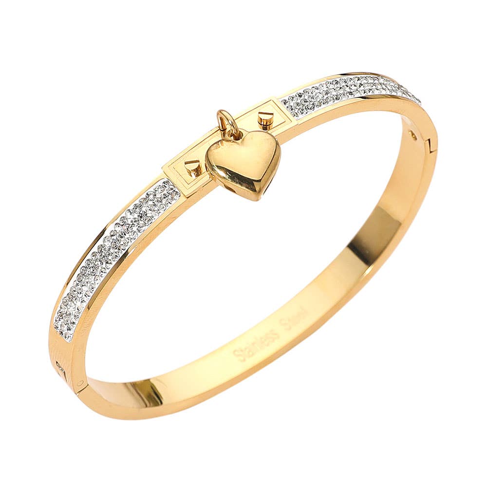 Stainless Steel Heart Charm Accent CZ Stone Paved Hinged Bangle Bracelet