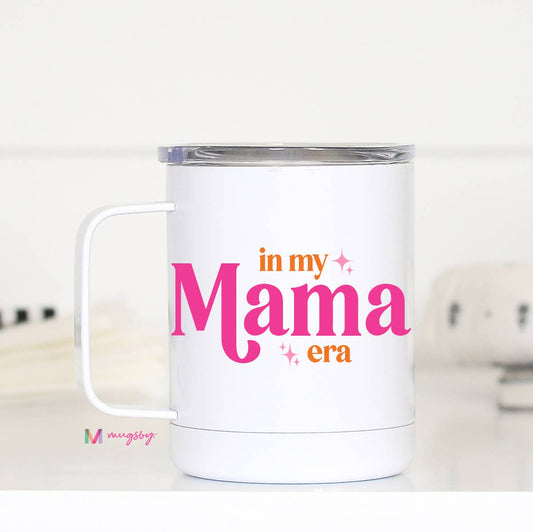White mug with 'in my Mama era' text on a white background